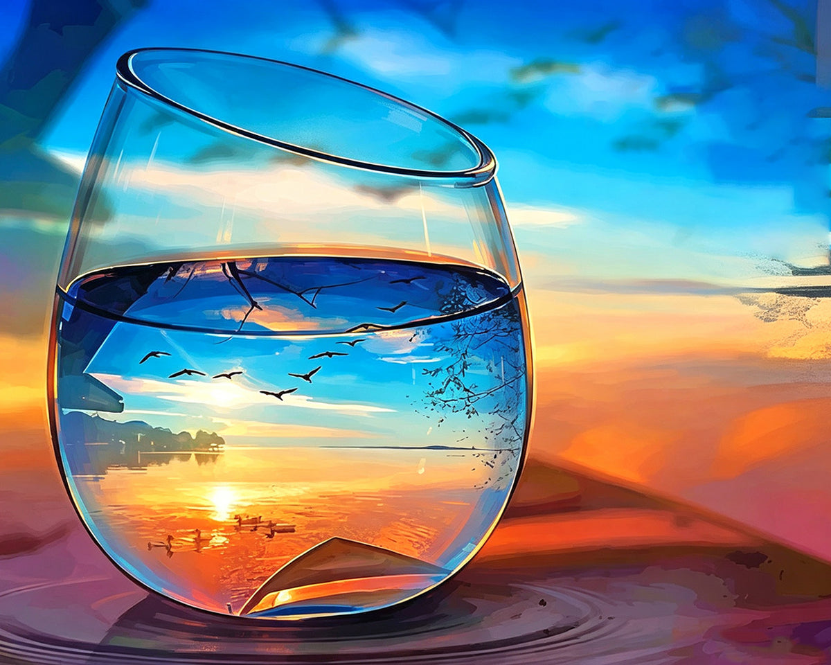 Sunset and birds in a wine glass paint by numbers kit for beginners