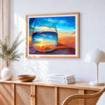 Sunset and birds in a wine glass paint by numbers artwork displayed on wall as home decor