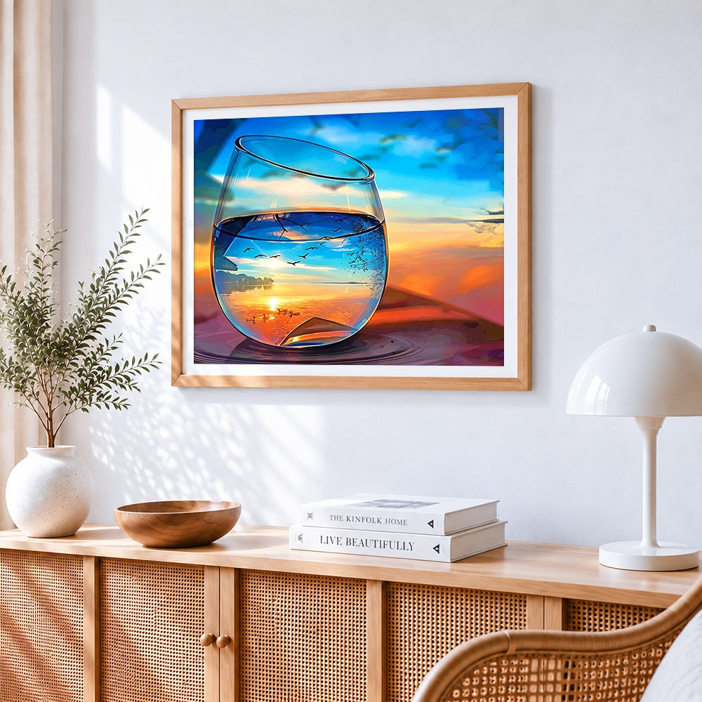 Sunset and birds in a wine glass paint by numbers artwork displayed on wall as home decor