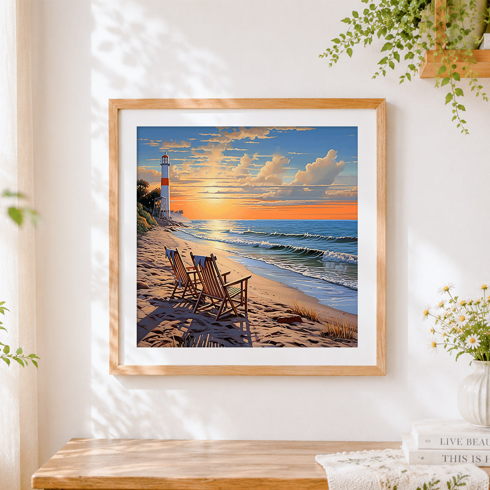 Finished sunset beach chairs and lighthouse cross stitch artwork displayed