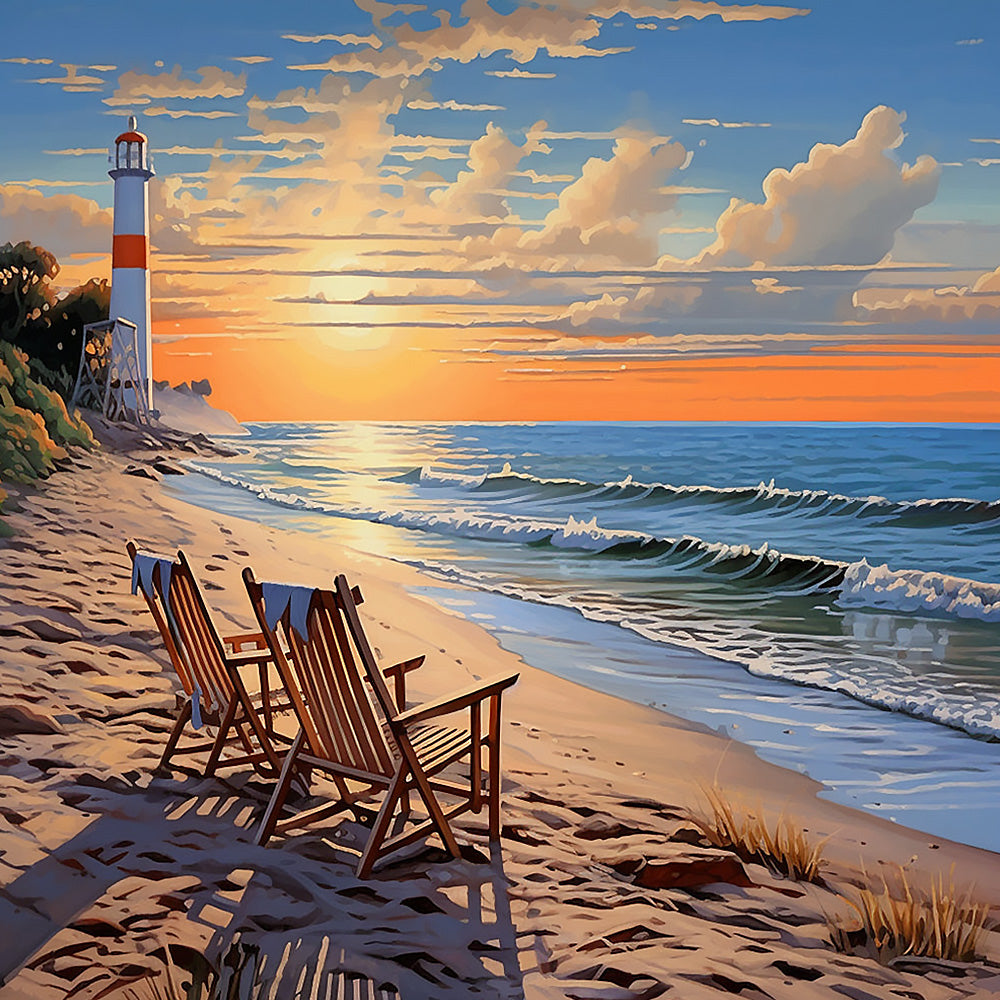 Sunset beach chairs and lighthouse cross stitch kit for beginners