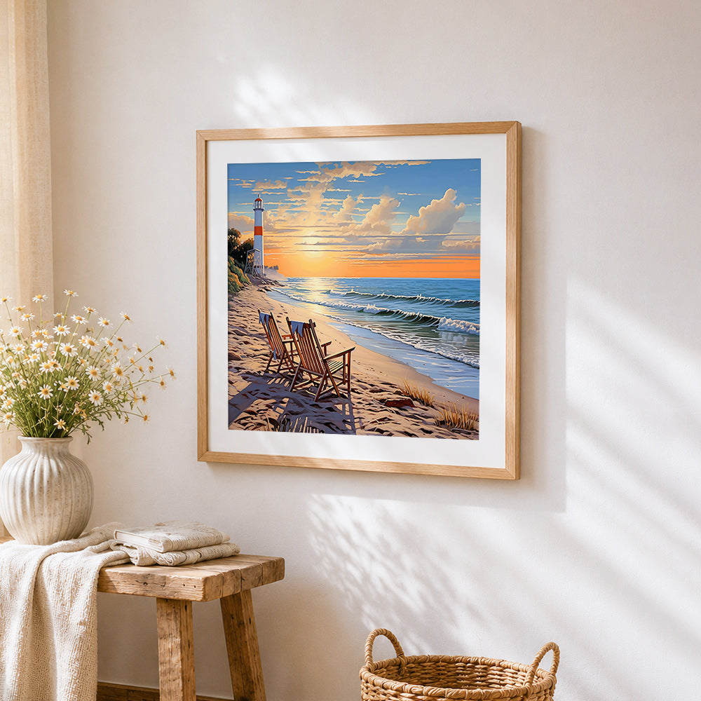 Sunset beach chairs and lighthouse cross stitch artwork displayed on wall as home decor
