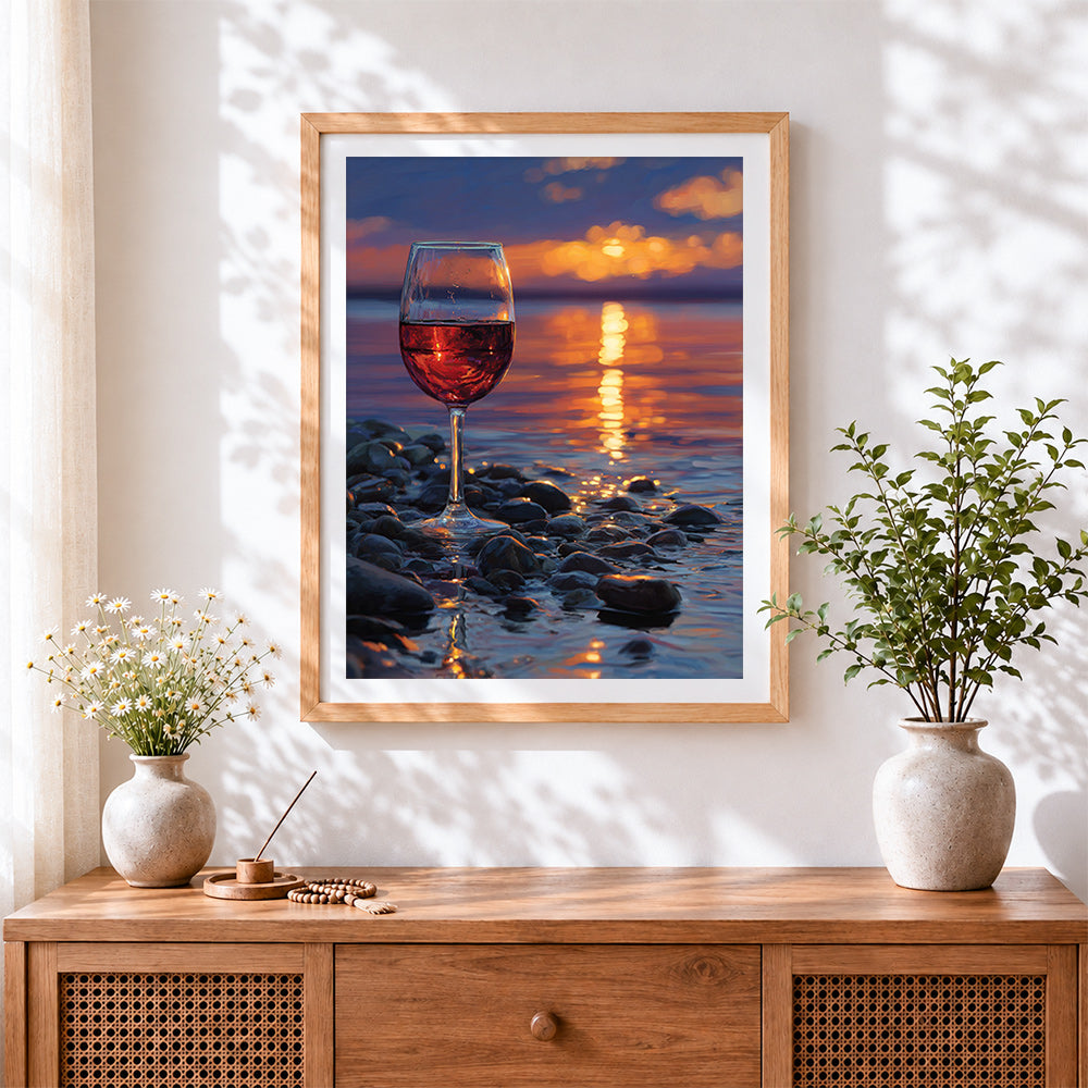 Finished sunset beach red wine glass cross stitch artwork displayed