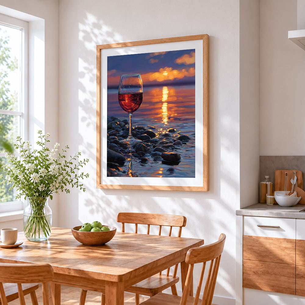 Sunset beach red wine glass cross stitch artwork displayed on wall as home decor