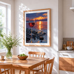 Sunset beach red wine glass cross stitch artwork displayed on wall as home decor