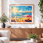 Finished sunset beach with seagulls cross stitch artwork displayed