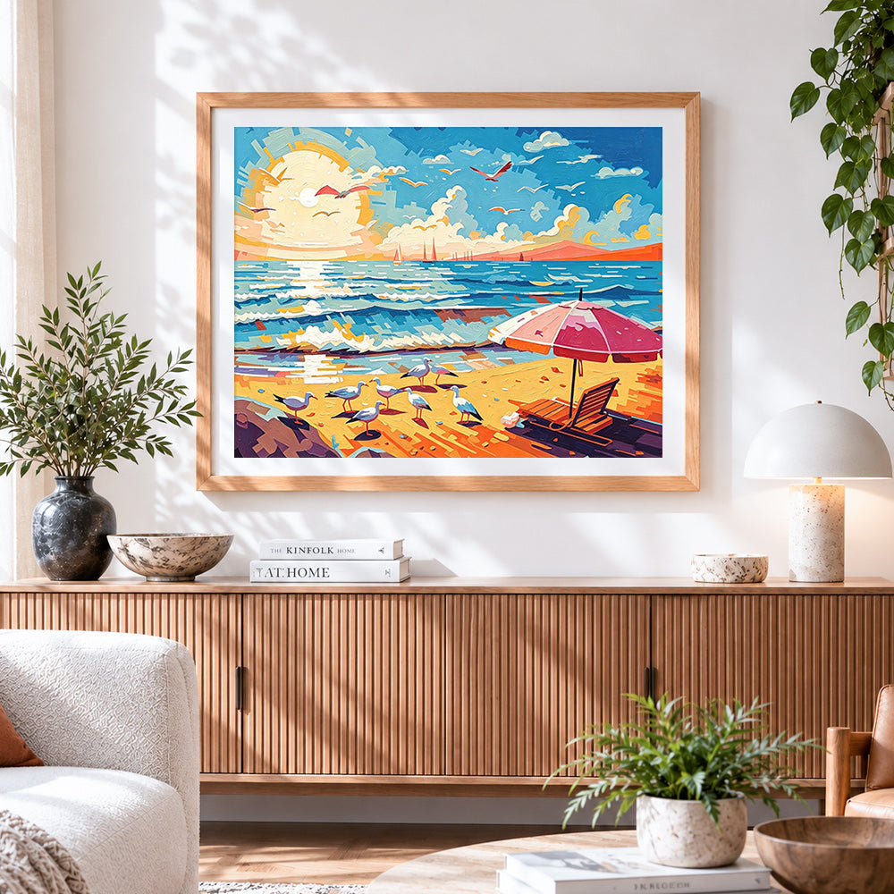 Finished sunset beach with seagulls cross stitch artwork displayed
