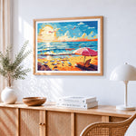 Sunset beach with seagulls cross stitch artwork displayed on wall as home decor