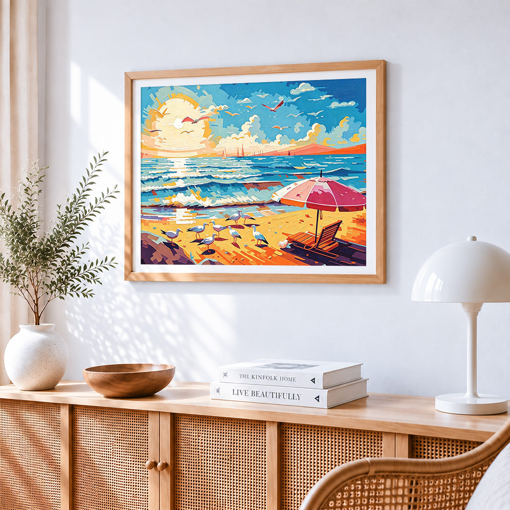 Sunset beach with seagulls cross stitch artwork displayed on wall as home decor