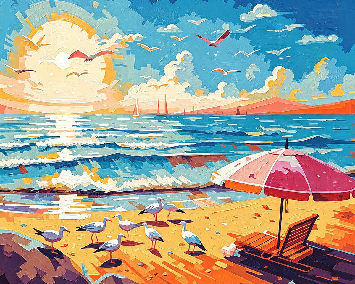 Sunset beach with seagulls paint by numbers kit for beginners