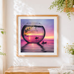 Finished sunset boat scene in a glass bowl paint by numbers artwork displayed as home decor
