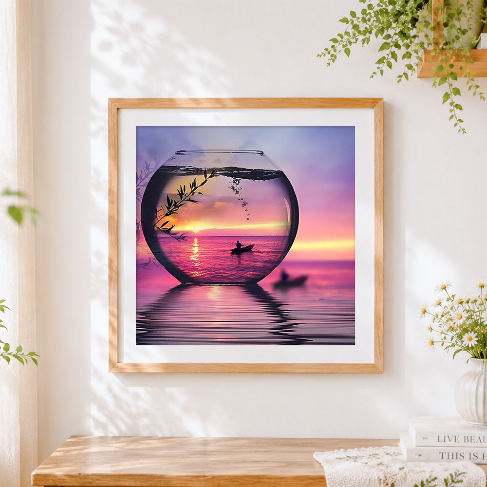 Finished sunset boat scene in a glass bowl paint by numbers artwork displayed as home decor