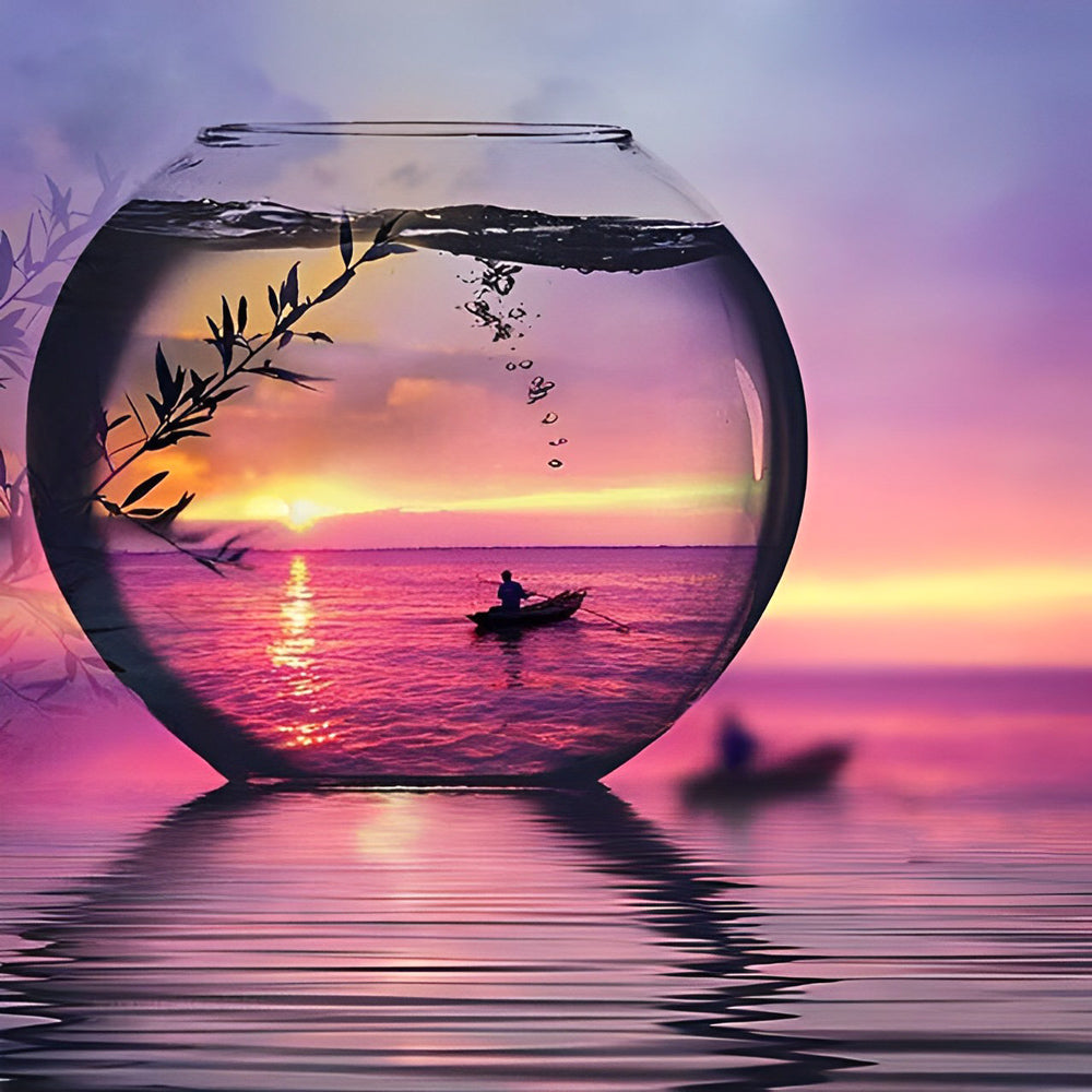 Sunset boat scene in a glass bowl paint by numbers kit for beginners