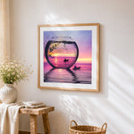 Sunset boat scene in a glass bowl paint by numbers artwork displayed on wall as home decor