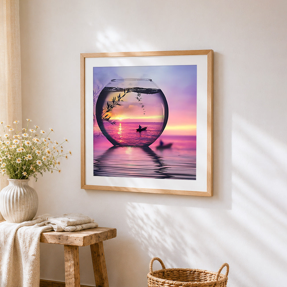 Sunset boat scene in a glass bowl paint by numbers artwork displayed on wall as home decor