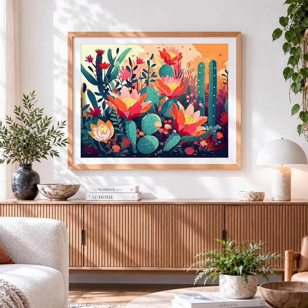 Finished sunset cacti in bloom cross stitch artwork displayed