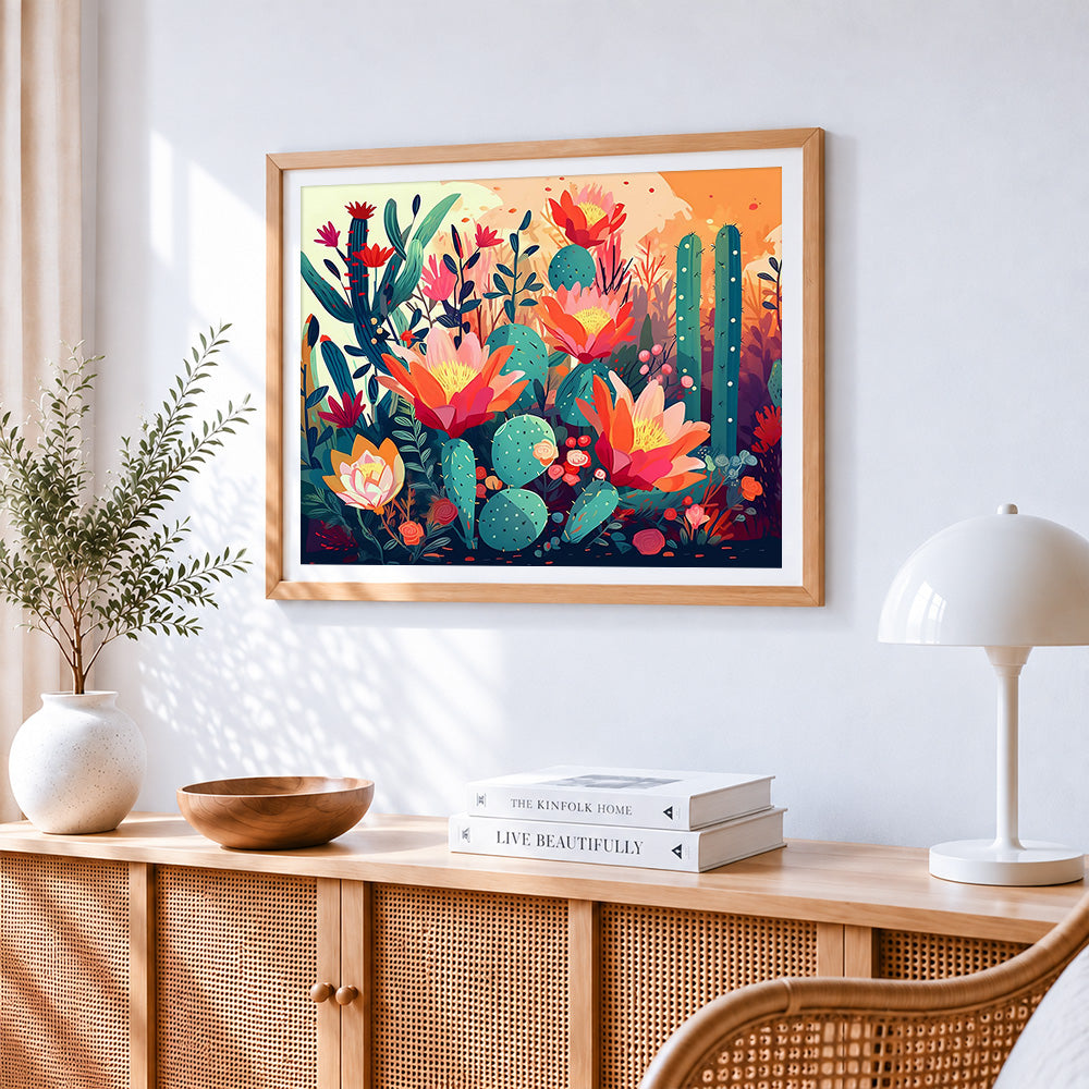 Sunset cacti in bloom cross stitch artwork displayed on wall as home decor