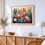 Sunset cacti in bloom paint by numbers artwork displayed on wall as home decor