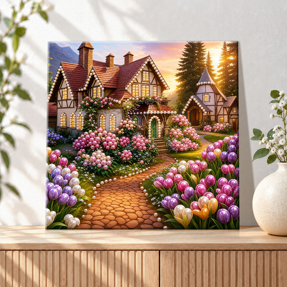 Finished sunset cottage with tulip garden pearl diamond painting artwork displayed as holiday home decor