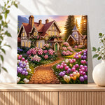 Finished sunset cottage with tulip garden pearl diamond painting artwork displayed as holiday home decor