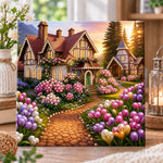 Sunset cottage with tulip garden pearl diamond painting kit for beginners