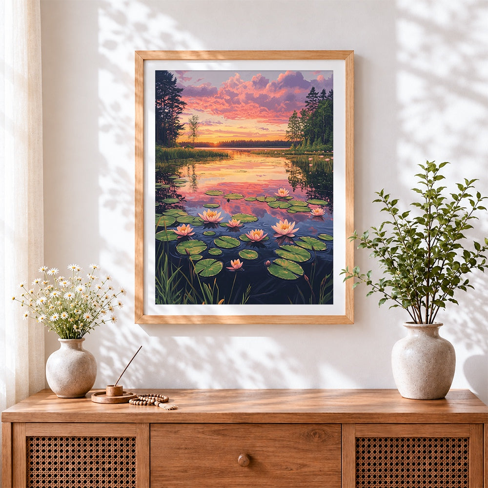 Finished sunset lake with water lilies cross stitch artwork displayed