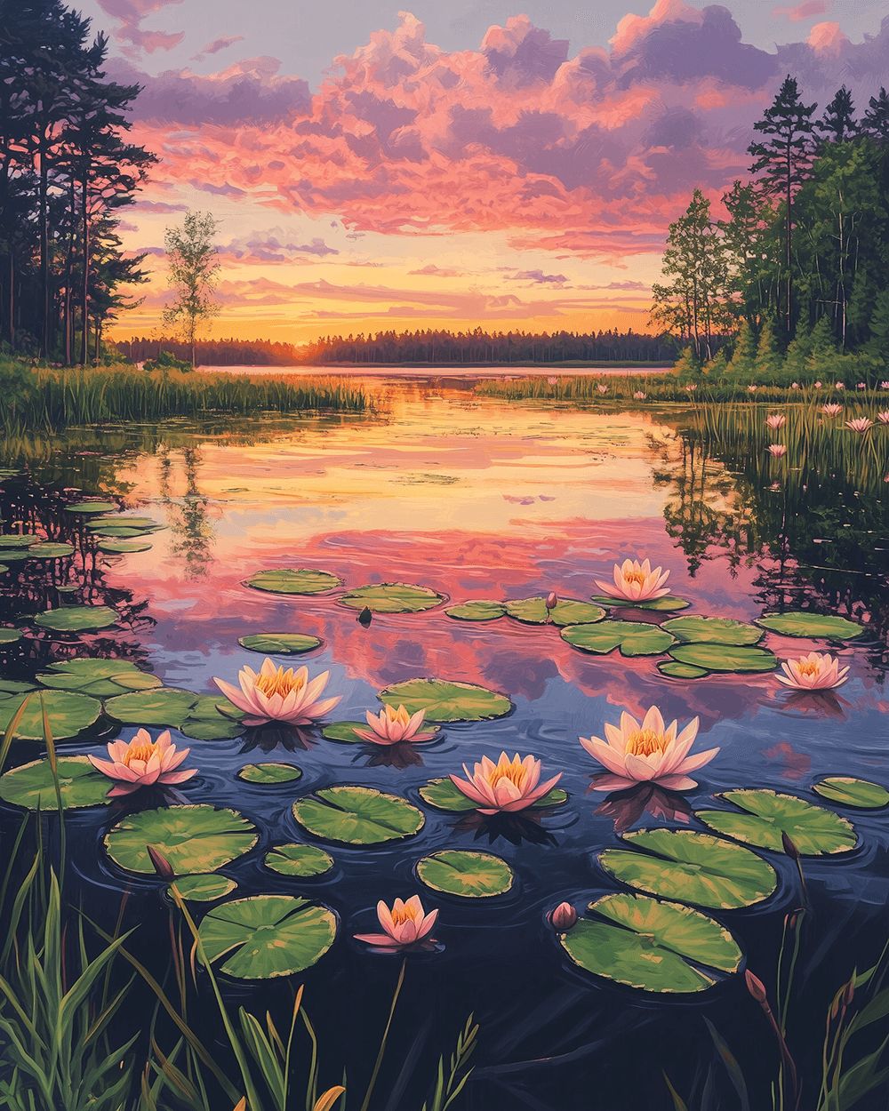Sunset lake with water lilies cross stitch kit for beginners