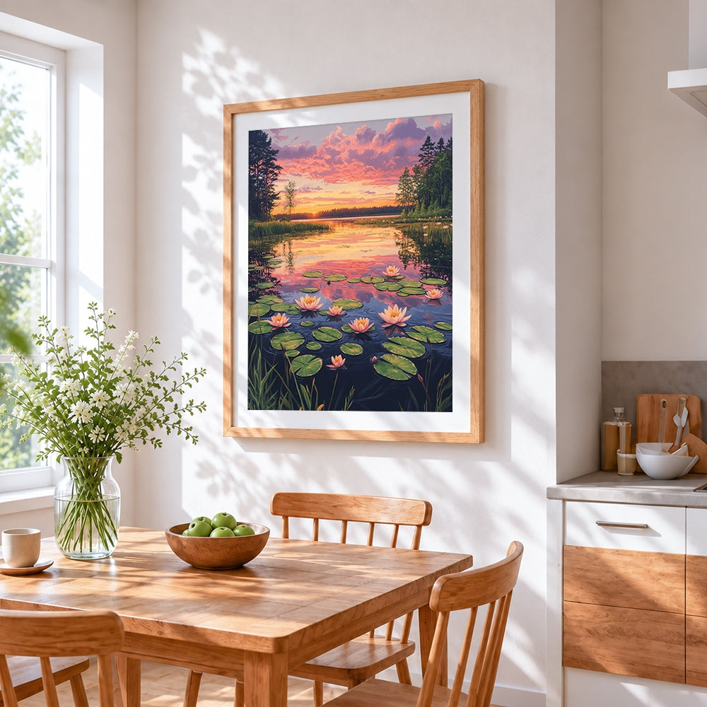 Sunset lake with water lilies cross stitch artwork displayed on wall as home decor