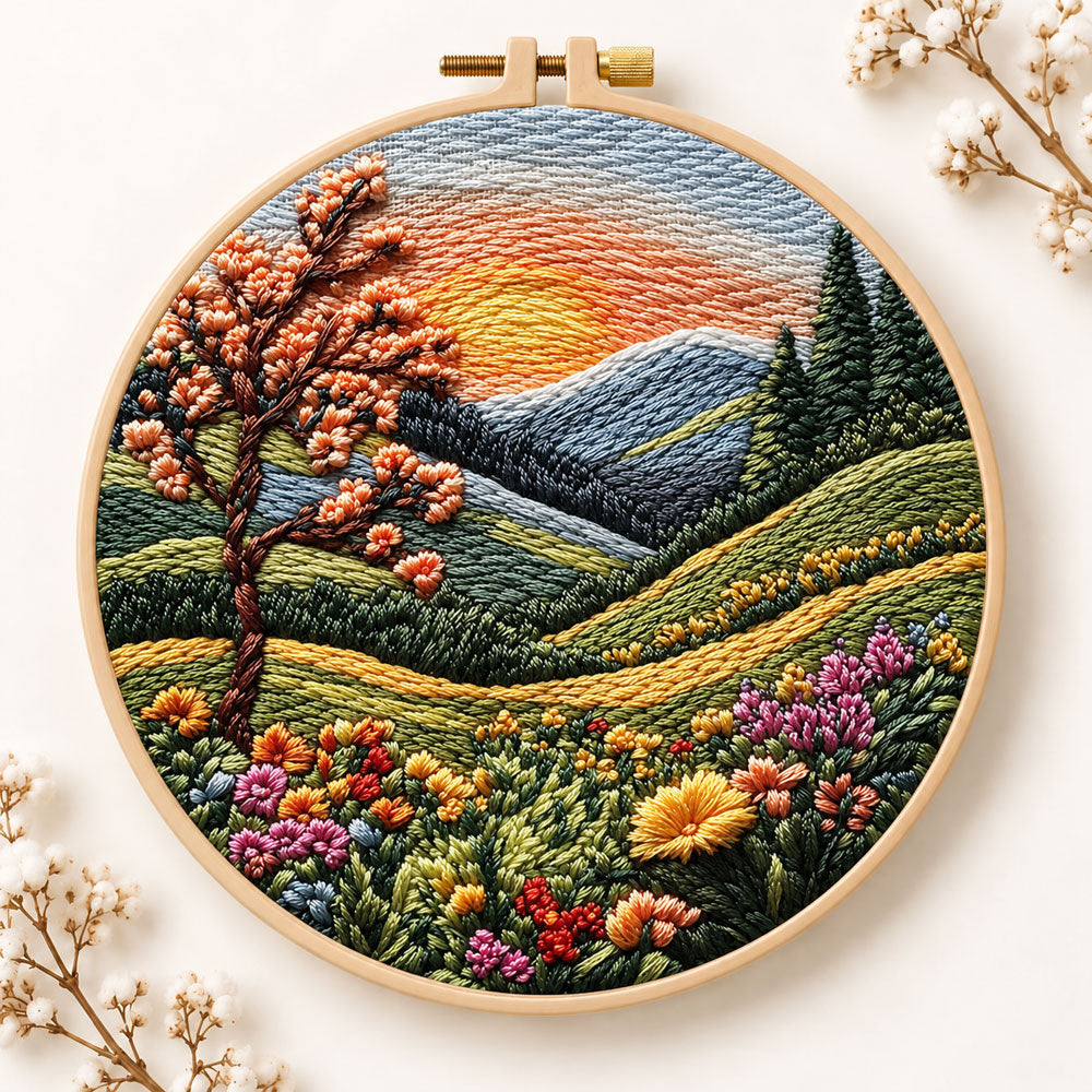 Sunset mountain bloom embroidery kit