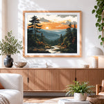 Finished sunset mountain valley paint by numbers artwork displayed as home decor