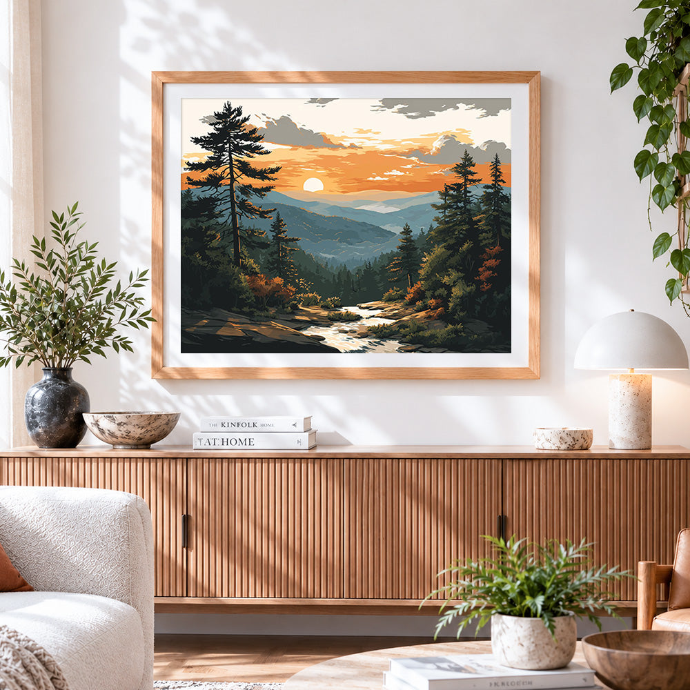 Finished sunset mountain valley paint by numbers artwork displayed as home decor