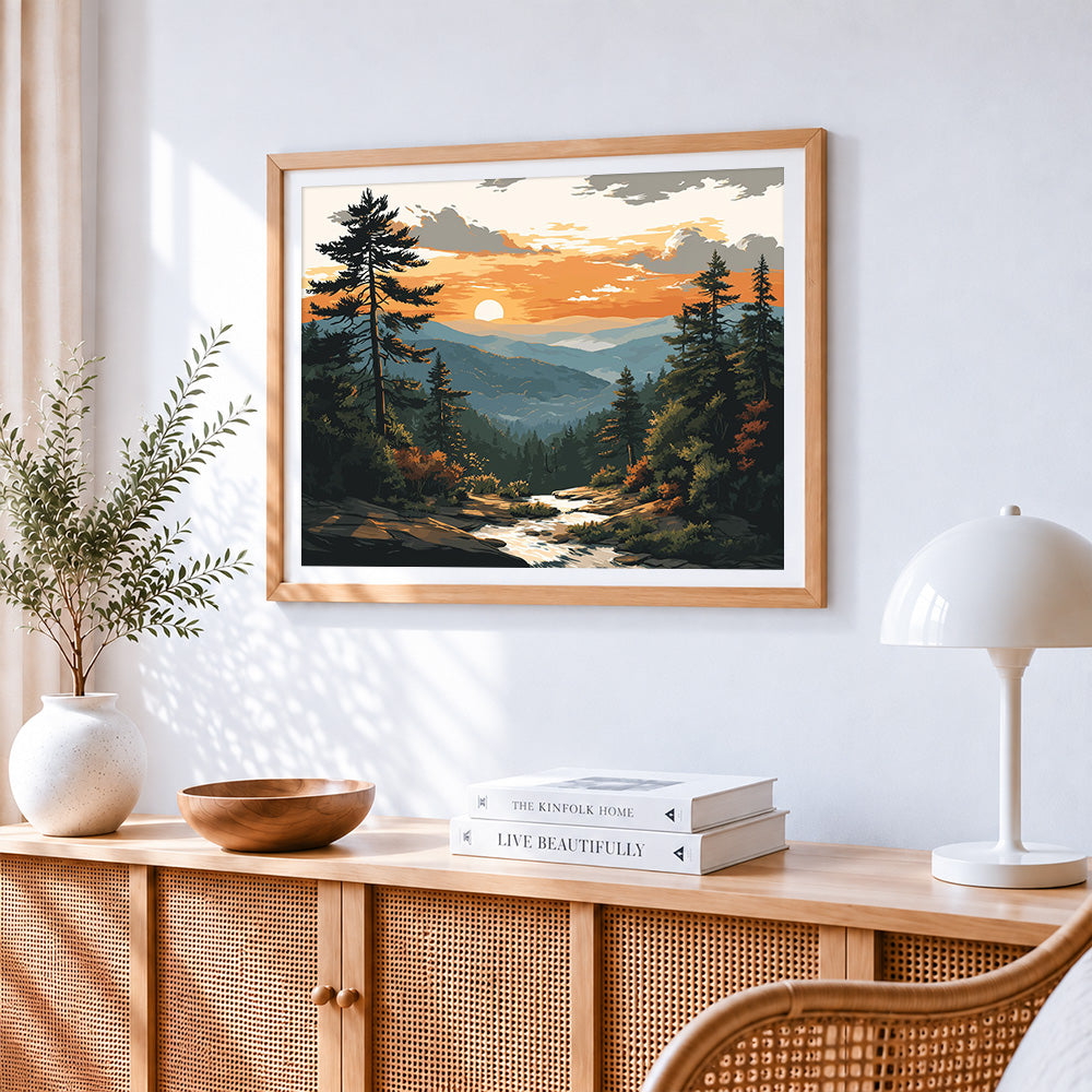 Sunset mountain valley paint by numbers artwork displayed on wall as home decor