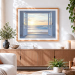 Finished sunset ocean view window paint by numbers artwork displayed as home decor