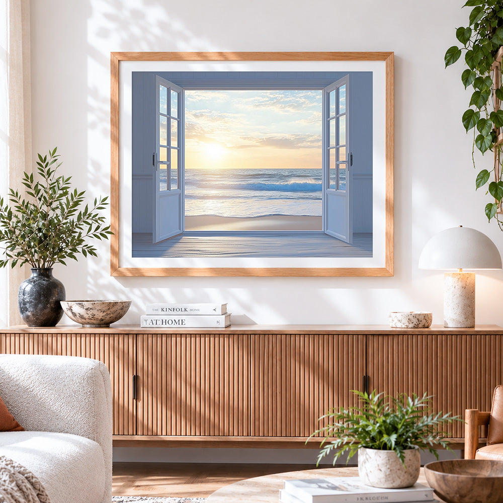 Finished sunset ocean view window paint by numbers artwork displayed as home decor