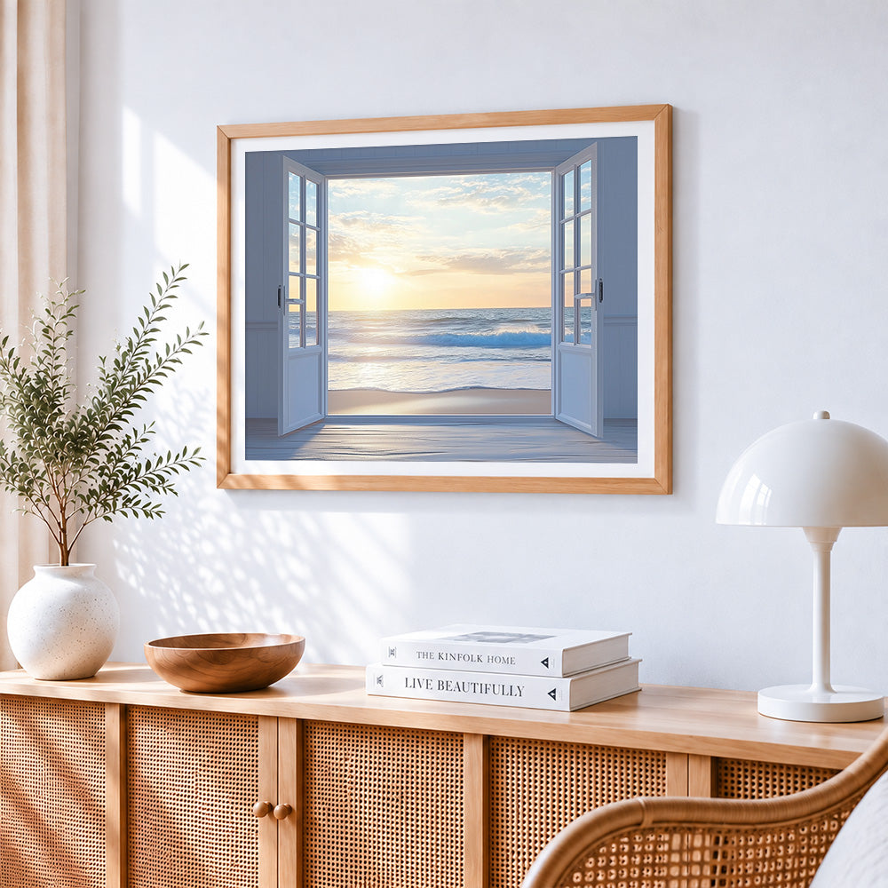 Sunset ocean view window paint by numbers artwork displayed on wall as home decor