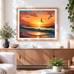 Finished sunset ocean waves and seagulls cross stitch artwork displayed