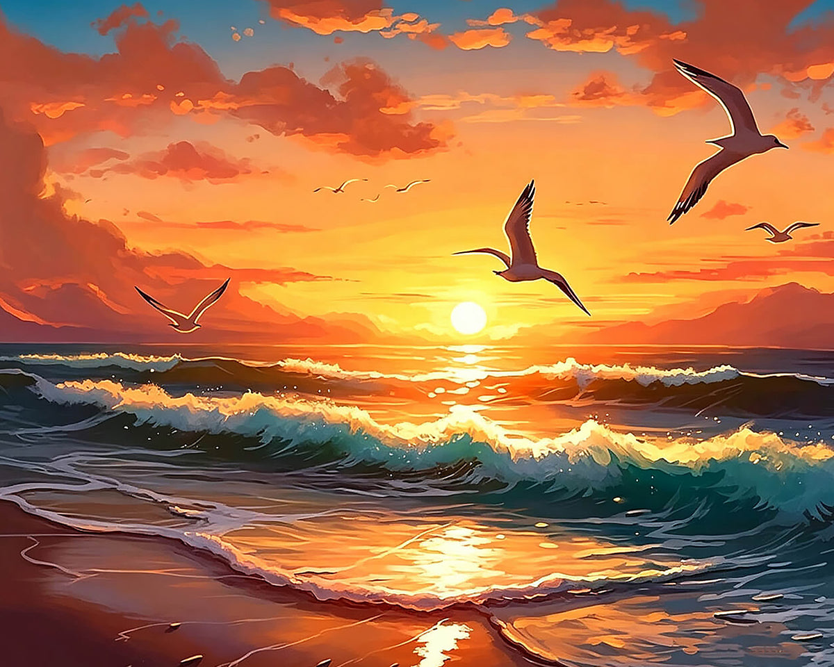 Sunset ocean waves and seagulls cross stitch kit for beginners