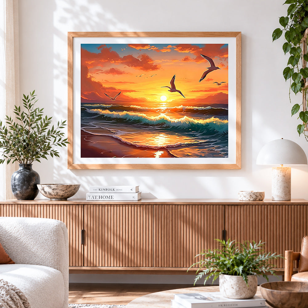 Finished sunset ocean waves and seagulls paint by numbers artwork displayed as home decor