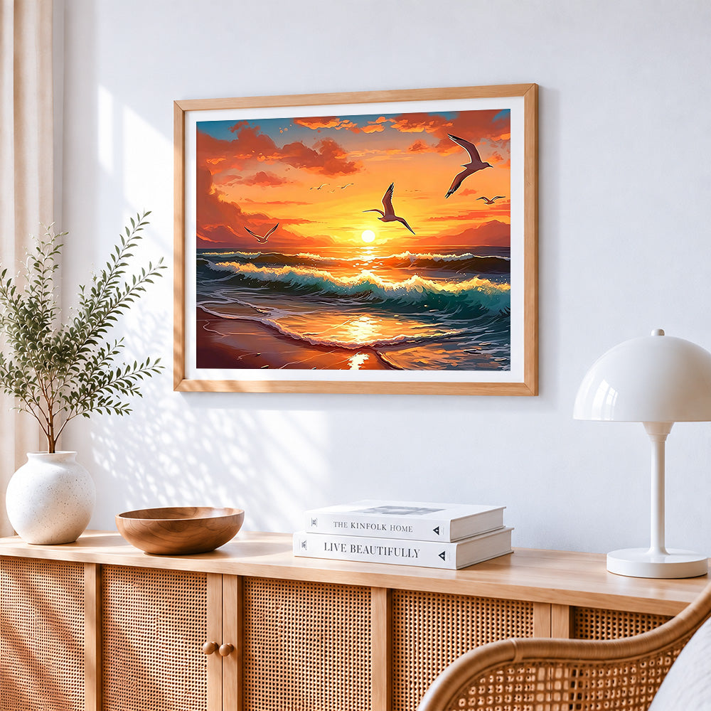 Sunset ocean waves and seagulls paint by numbers artwork displayed on wall as home decor