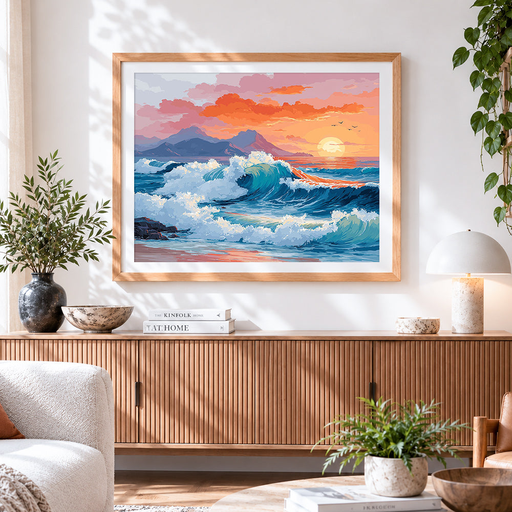 Finished sunset ocean waves cross stitch artwork displayed