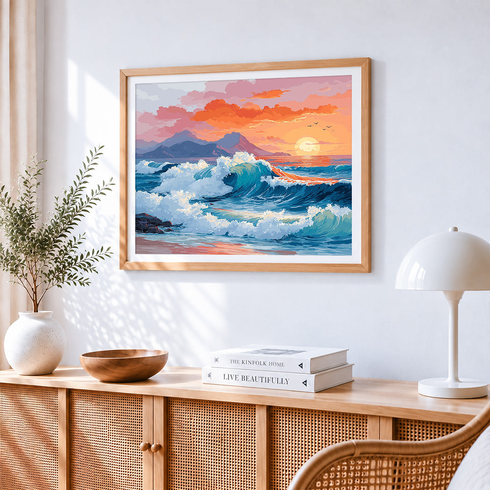 Sunset ocean waves cross stitch artwork displayed on wall as home decor