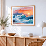 Sunset ocean waves paint by numbers artwork displayed on wall as home decor