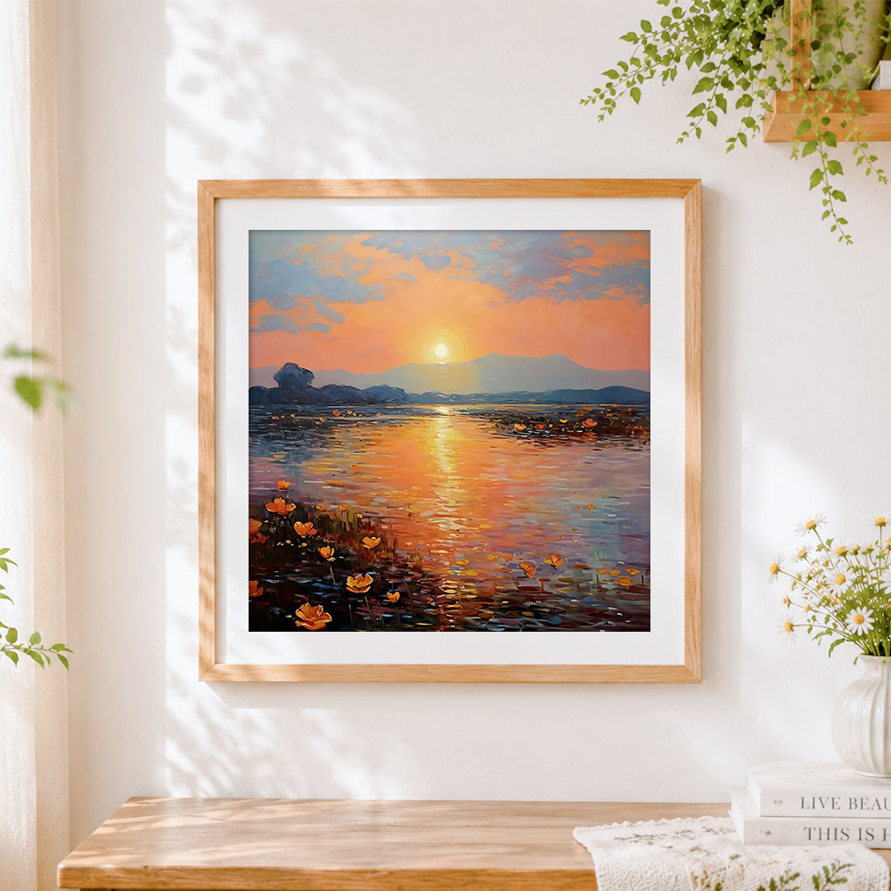 Finished sunset over a floral lake cross stitch artwork displayed