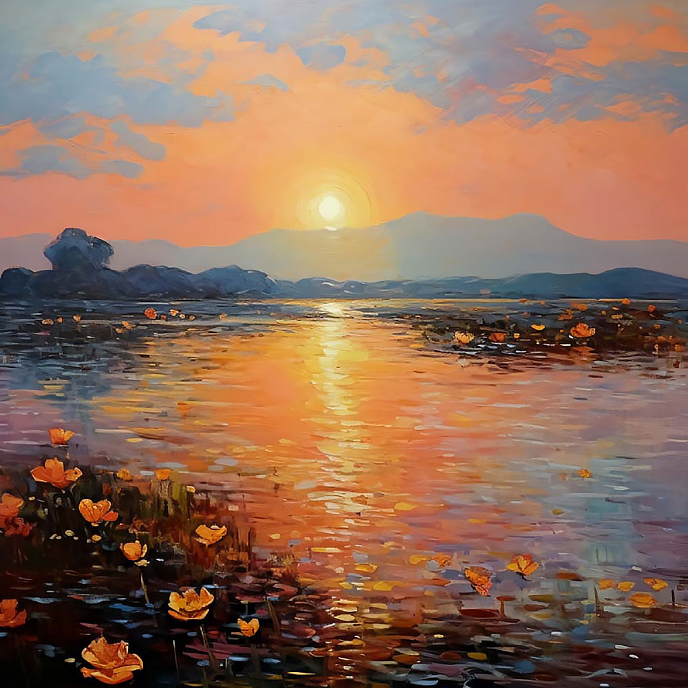 Sunset over a floral lake cross stitch kit for beginners