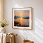 Sunset over a floral lake cross stitch artwork displayed on wall as home decor