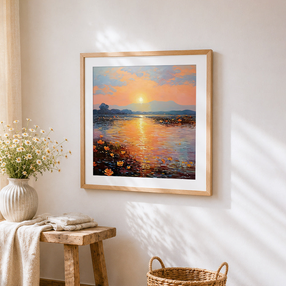Sunset over a floral lake cross stitch artwork displayed on wall as home decor