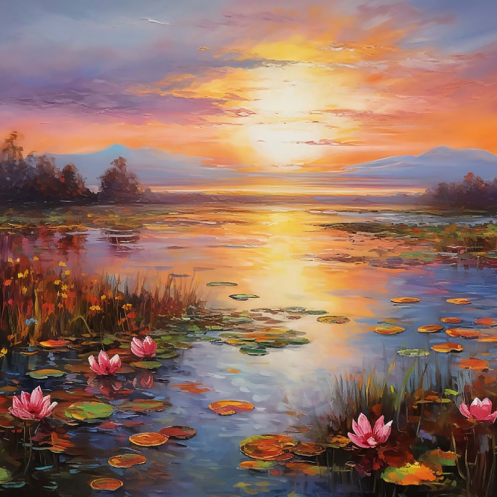Sunset over a lily pond cross stitch kit for beginners