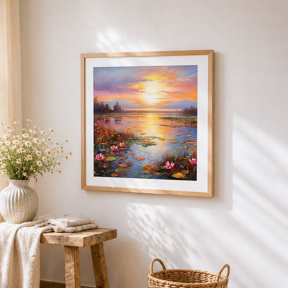 Sunset over a lily pond cross stitch artwork displayed on wall as home decor