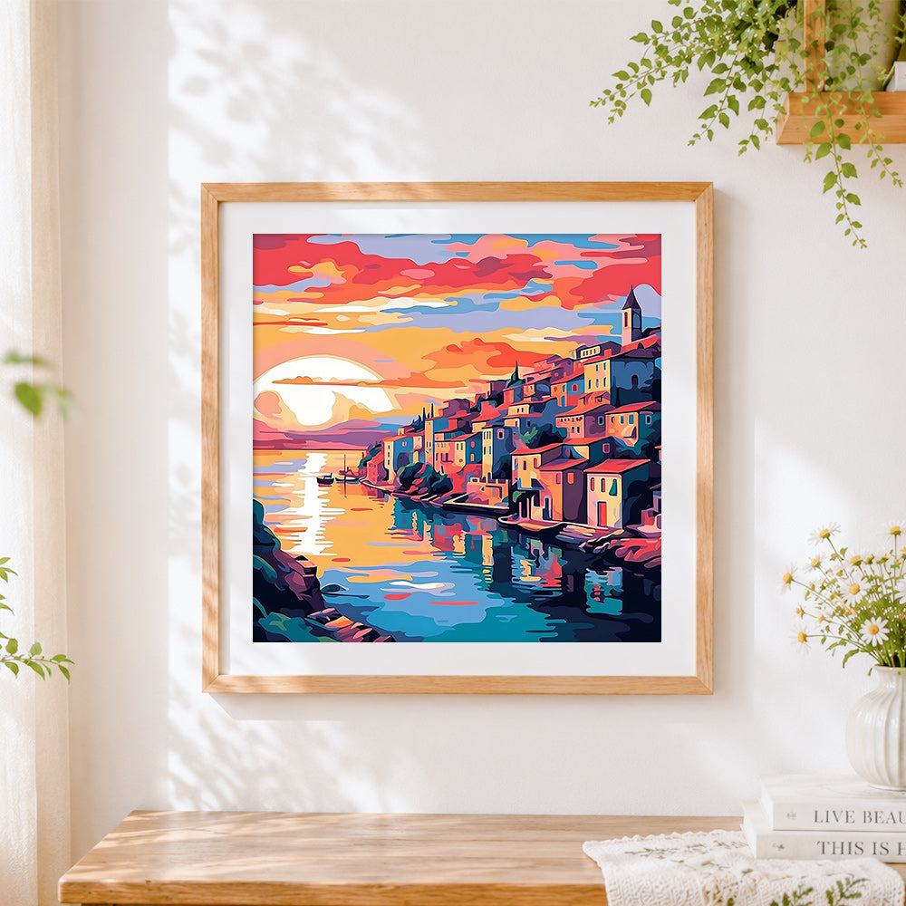 Finished sunset over burano island cross stitch artwork displayed