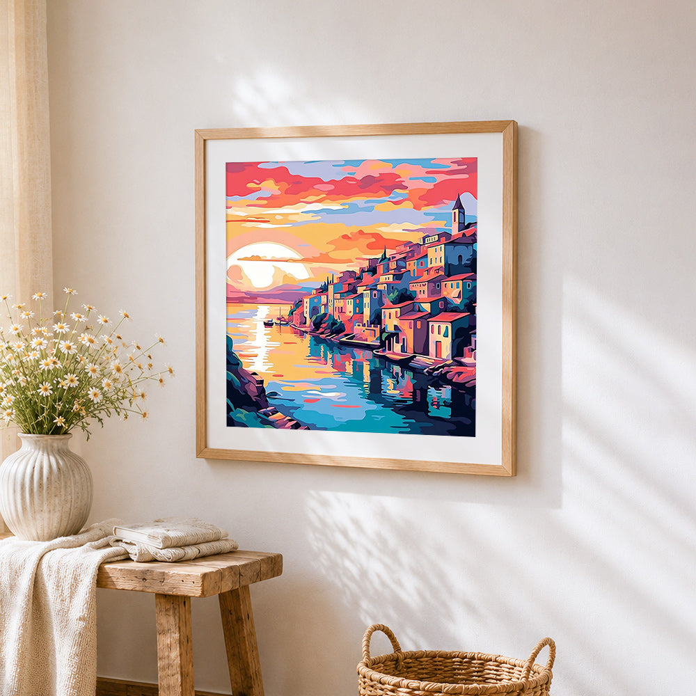 Sunset over burano island cross stitch artwork displayed on wall as home decor